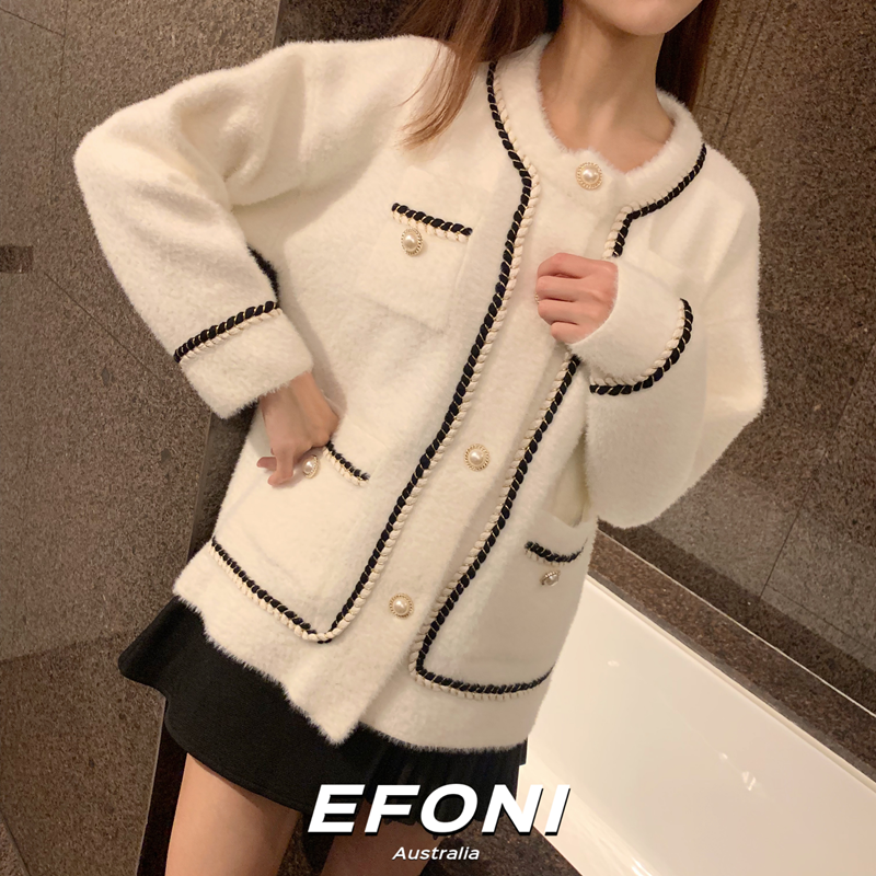 EFONI 小香黑色白色编织仿水貂绒开衫毛衣短款外套