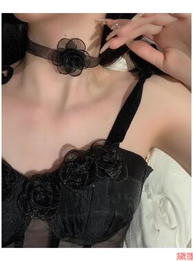 纯欲风玫瑰脖子系花项链女choker锁骨链项圈配饰颈带山茶花朵颈链
