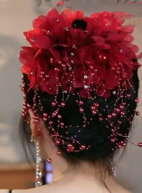 红色流苏发夹后脑勺新娘发饰古风汉服头饰配饰抖音淘宝拼多多款