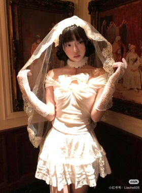 复古风甜美蕾丝花边头纱新娘领证登记拍照小头纱不含头顶发带
