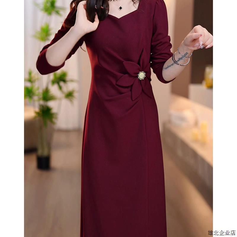 轻奢高级感修身长袖连衣裙女2025春秋新款喜婆婆妈妈婚宴礼服裙子 - 图0