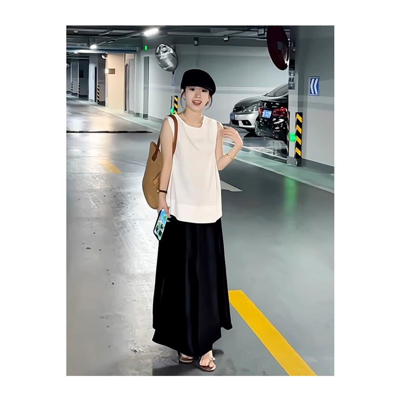 一整套大无袖背心衬衫女上衣醋酸半身裙盐系减龄气质洋装套装女 - 图3