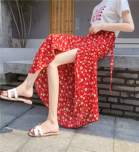 碎花半身长裙女夏2026新款波西米亚包臀裙子系带雪纺一片式半身裙 - 图2