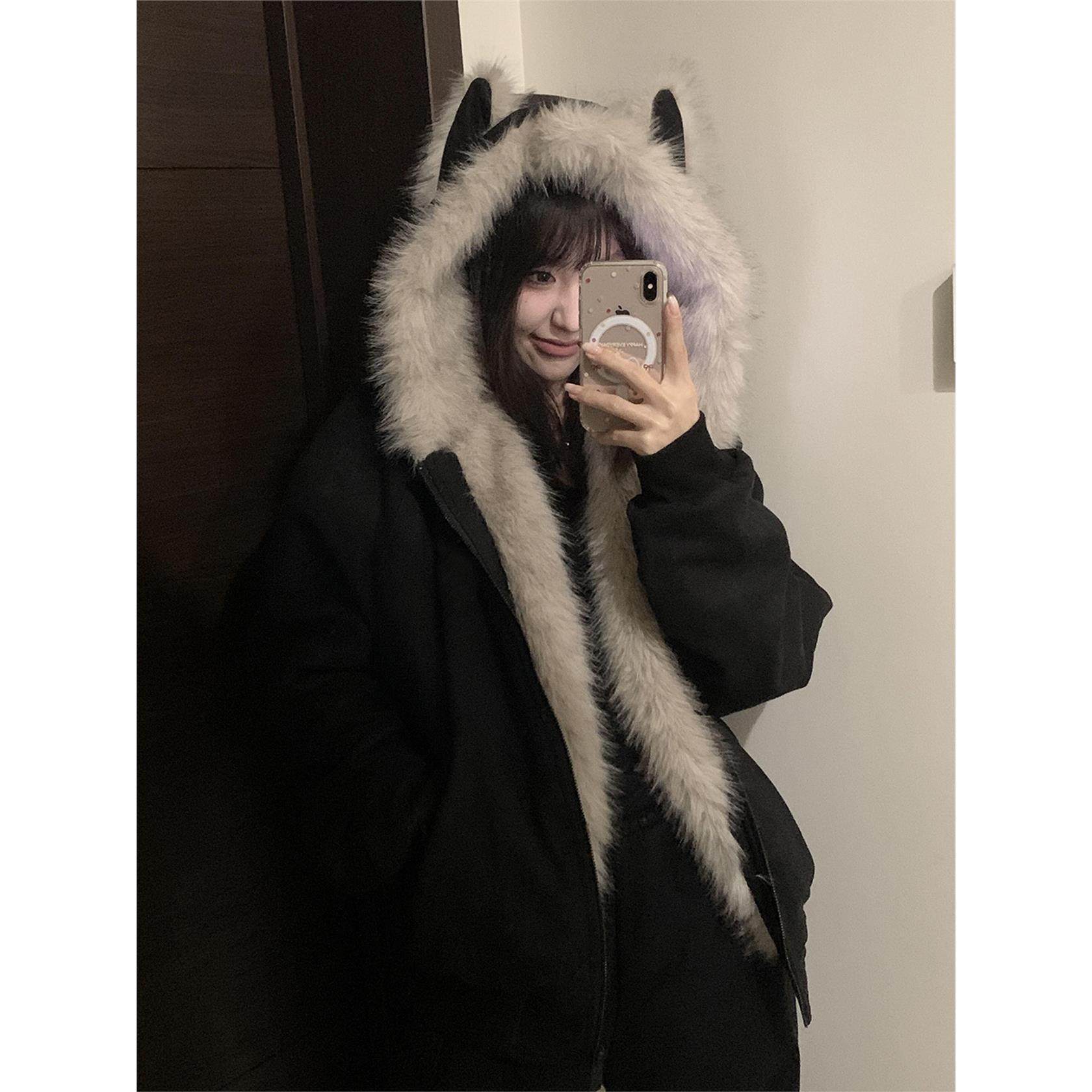 座山雕猫耳朵棉服外套女卫衣2025新款秋冬装麂皮毛绒加厚棉衣棉袄,淘宝优惠券,粉丝福利购,淘宝优惠卷