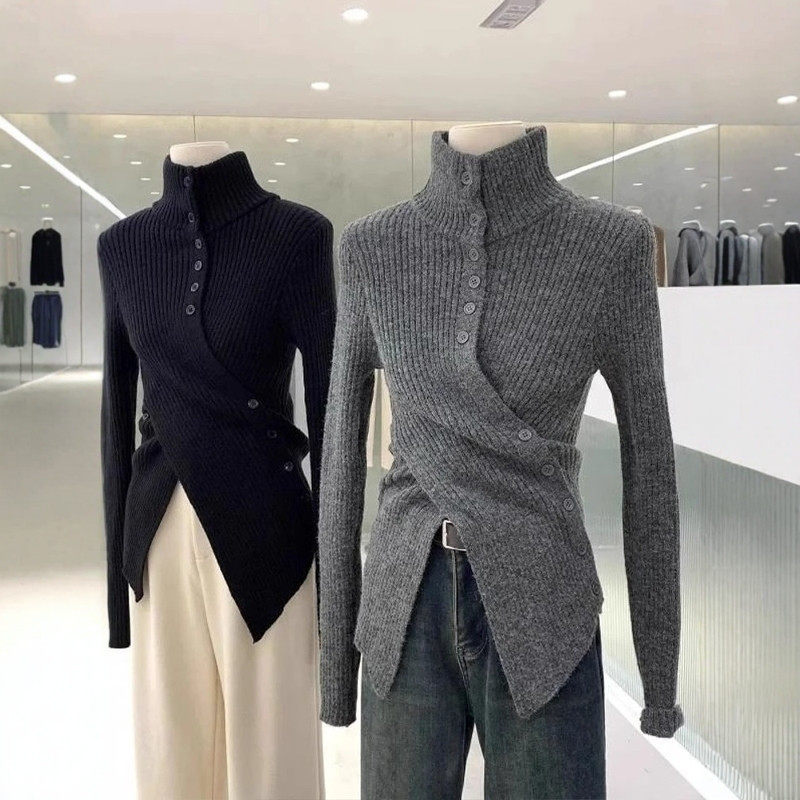 不规则收腰高领针织打底衫女秋冬设计感开叉毛衣内搭独特别致上衣,淘宝优惠券,粉丝福利购,淘宝优惠卷