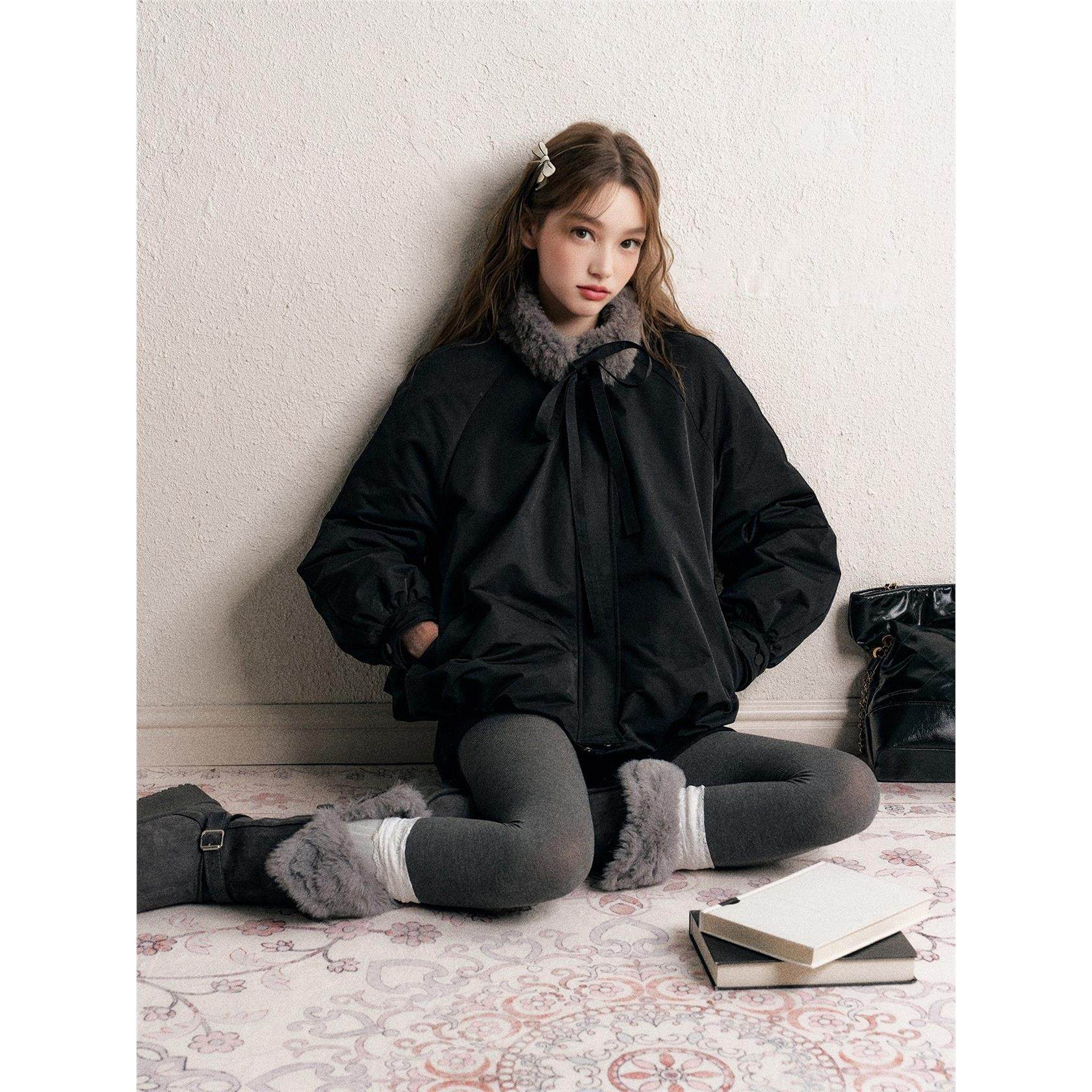 温柔甜美带毛领黑色花苞棉服女2025年冬季加厚保暖设计感棉衣外套,淘宝优惠券,粉丝福利购,淘宝优惠卷