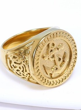 复古海盗船锚戒指 欧美钛钢戒指不锈钢指环古金色男生戒指