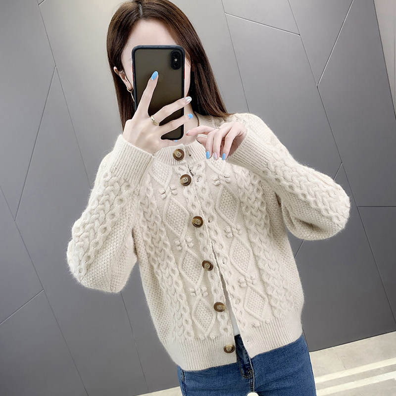 纯色麻花针织女开衫2020秋季潮毛衣 欧彩影毛针织衫