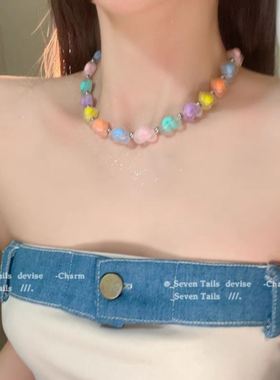 多巴胺女孩穿搭夏彩色琉璃串珠爱心项链甜辣Y2K叠戴个性锁骨链