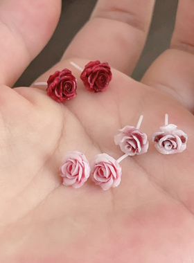 复古红色玫瑰花耳钉防过敏生物瓷针养耳洞耳饰小众软妹少女耳环