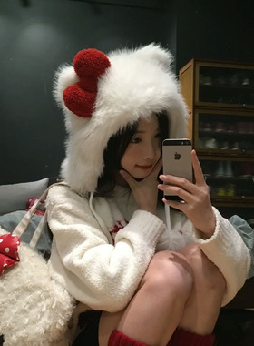 圣诞红色蝴蝶结KT猫耳朵毛绒帽子女冬加厚防寒雷锋帽保暖包头帽