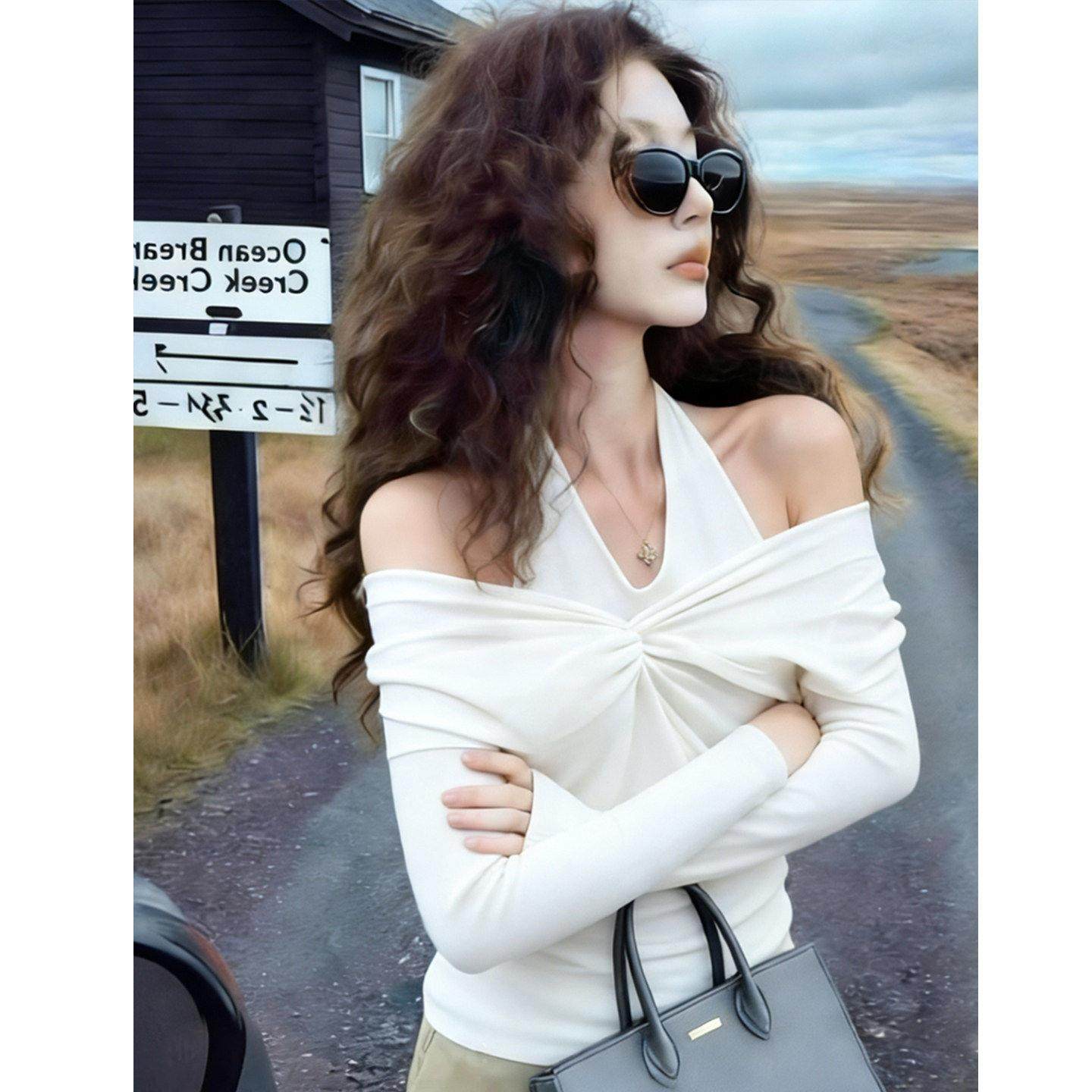 高级感绝美纯色挂脖露肩长袖假两件针织衫女秋冬款超好看显瘦上衣,淘宝优惠券,粉丝福利购,淘宝优惠卷