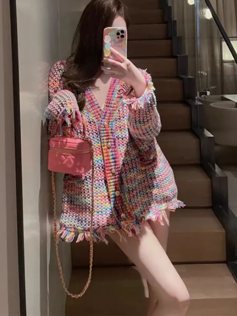 Xiaoxiangfeng Xiaoxiangfeng Xiaoxiangfeng rainbow-colored sweater women's cardigan woven knitted V-neck loose lazy style top