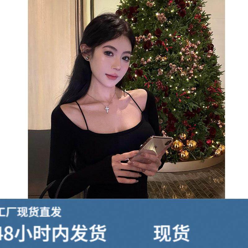 红色纯欲性感辣妹露肩长袖t恤内搭打底衫女秋带胸垫修身白上衣黑,淘宝优惠券,粉丝福利购,淘宝优惠卷