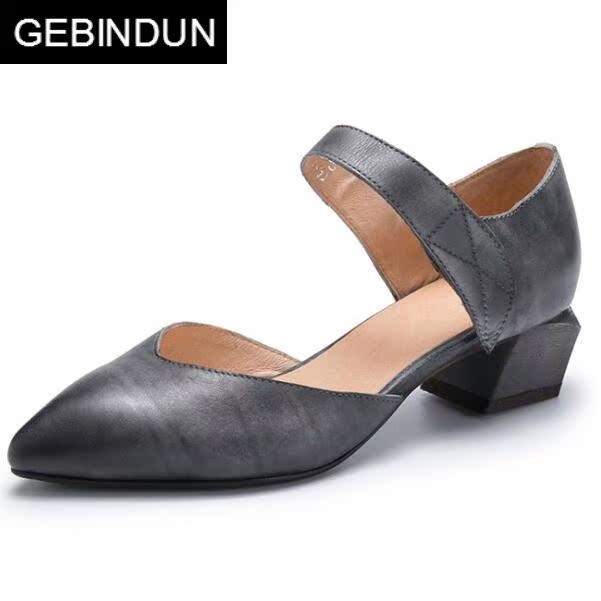 哥宾杜旗舰店GEBINDU轻奢夏季欧美复古个性时尚手工真皮尖头女凉鞋粗跟休闲舒3
