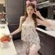 Summer new pajamas for women ice ribbon breast pads printed series short hanging shorts pure lust style lace home 0606z