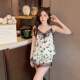 Summer new pajamas for women ice ribbon breast pads printed series short hanging shorts pure lust style lace home 0606z