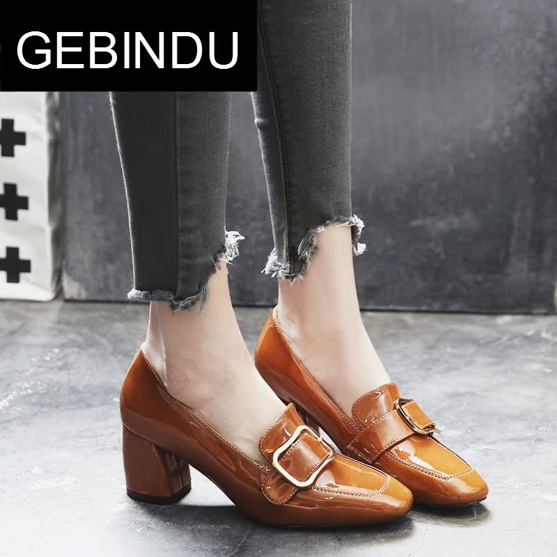 哥宾杜旗舰店GEBINDU方根单鞋女2018春季新款粗跟复古韩版方头中跟高更鞋女职0