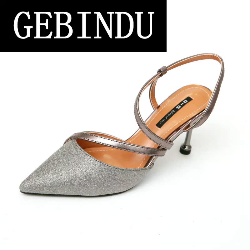 哥宾杜旗舰店GEBINDU女夏2018新款包头凉鞋细跟韩版尖头浅口bling高跟鞋名媛宴3