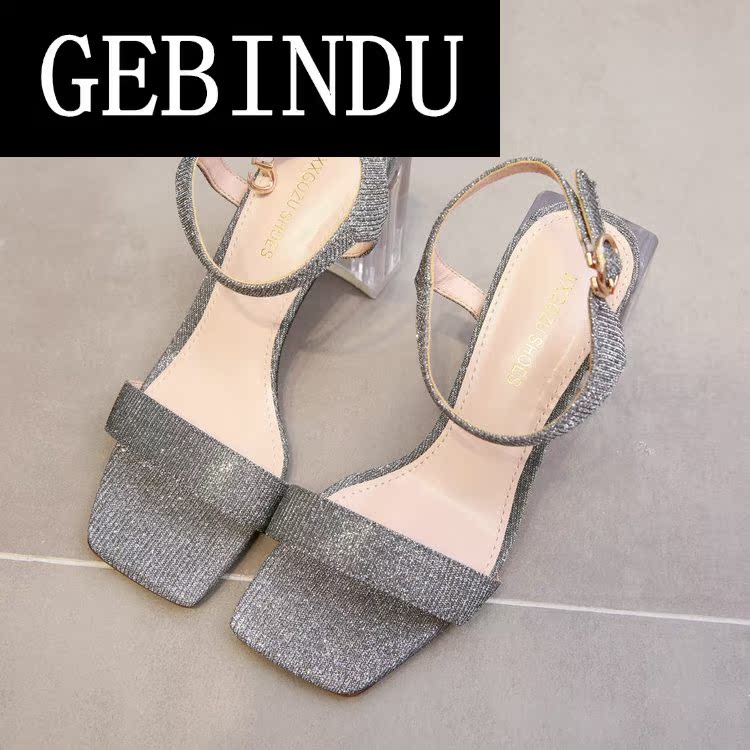 哥宾杜旗舰店GEBINDU2018夏季新款名媛范bling粗跟露趾凉鞋一字扣带时尚宴会高1