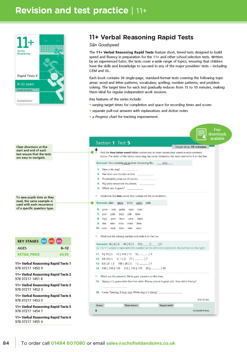 11+ Verbal Reasoning Rapid Tests 1-6 文字推理语文逻辑 英国小学KS2阶段教材私立学校11+入学考试 Schofield Sims英文原版 - 图1