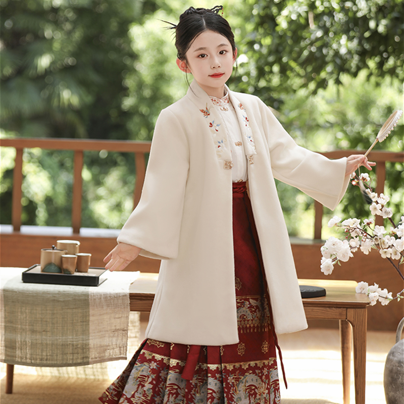 马面裙外套女童汉服秋冬新中式毛呢大衣儿童中国风长袖古装套装秋 - 图1