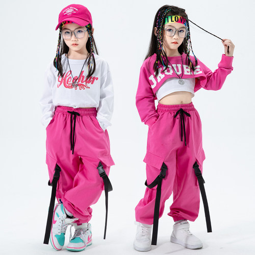 女童爵士舞演出服女生嘻哈jazz套装女孩洋气露脐服装少儿街舞潮服 - 图2
