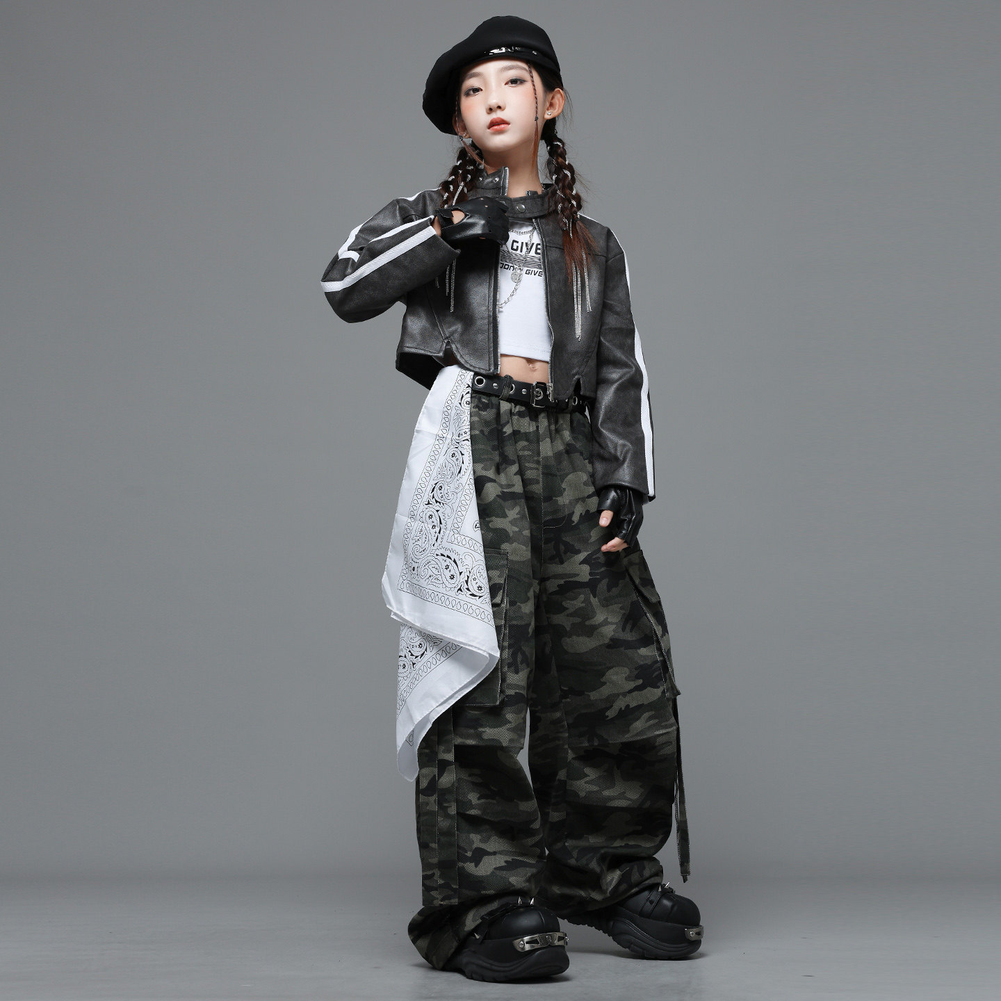 女童爵士舞演出服女孩时髦jazz工装裤女生走秀少儿潮流嘻哈皮外套,淘宝优惠券,粉丝福利购,淘宝优惠卷