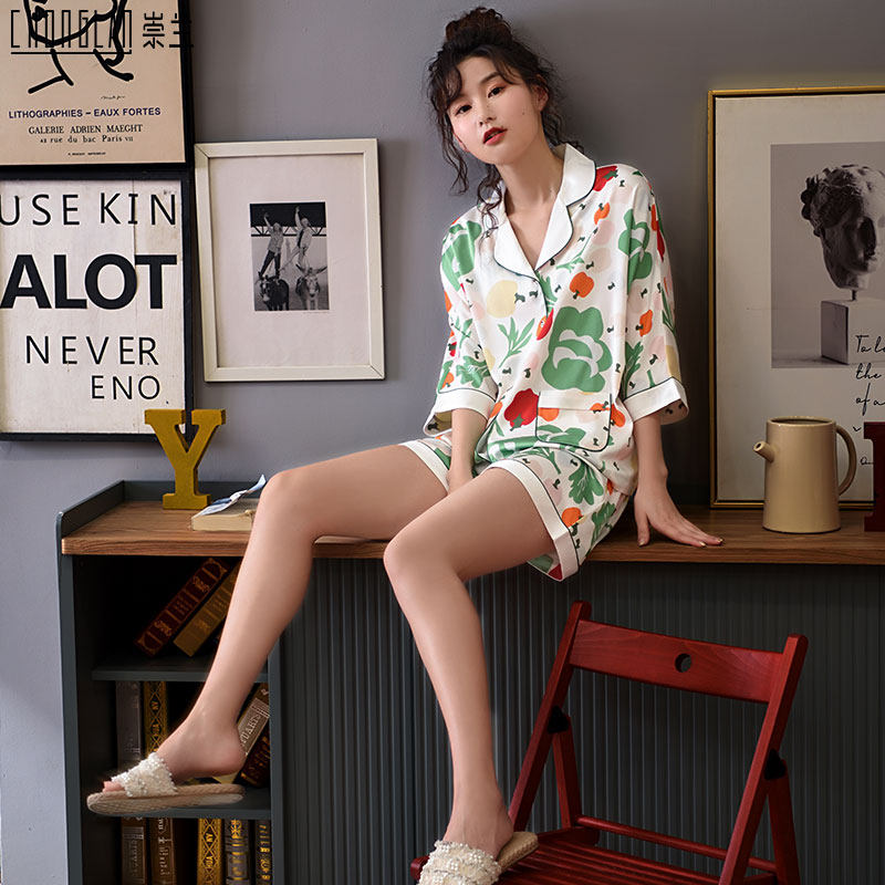 崇兰夏冰丝短袖夏季卡通仿真丝睡衣 崇兰睡衣/家居服套装