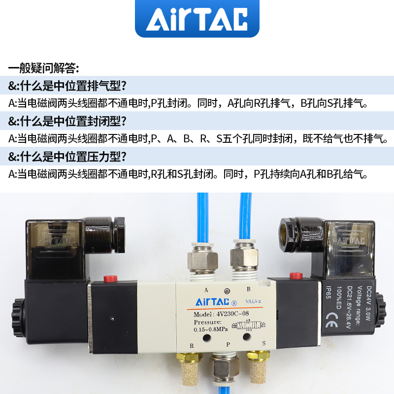 三位五通中封电磁阀423-08 4230e-08气动换控制阀24 - 图2