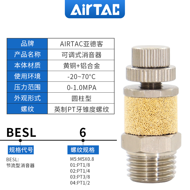 亚德客气动电磁阀铜消声器平头节流消音器BESL/BSL M5-01-02-03-4 - 图0