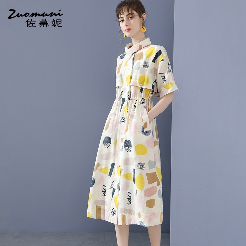 佐幕妮印花收腰衬衫连衣裙女2020 a 佐幕妮连衣裙