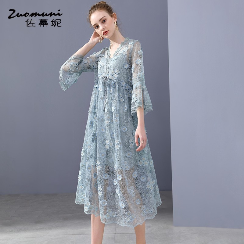 佐幕妮v领蓝色刺绣连衣裙女11450 佐幕妮连衣裙