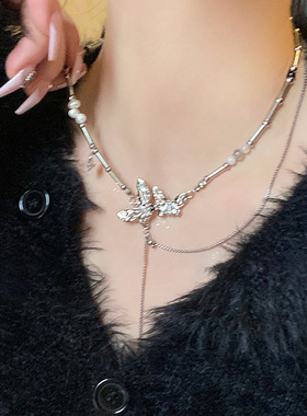 蝴蝶珍珠流苏项链女夏ins小众设计感高级配饰时尚个性辣妹锁骨链