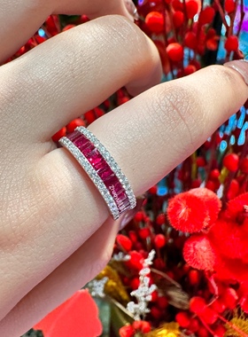 18k白金天然红宝石钻石排戒