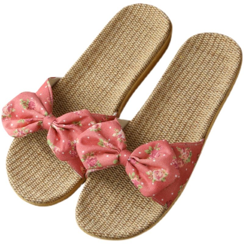 蝴蝶结亚麻拖鞋女士居家用夏天室内四季通用防滑软底木地板凉拖鞋,淘宝优惠券,粉丝福利购,淘宝优惠卷