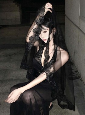 黑色蕾丝头纱万圣节cos哥特风lolita成人头饰婚纱穿搭装扮头饰女