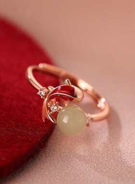 新中式玉见锦鲤戒指女滴胶金鱼素圈食指戒简约百搭民族风开口指环