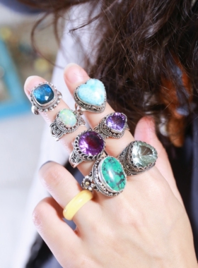 925银天然绿松石紫水晶开口戒