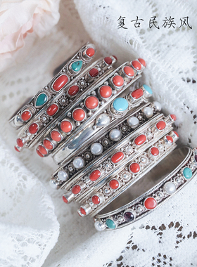 复古民族风s925银镶嵌红宝石手镯