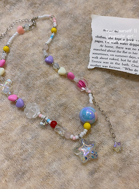 甜酷彩色多巴胺项链女糖果色星星长款流苏拼接锁骨链少女可爱颈链