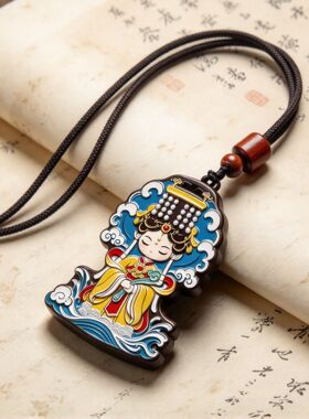 沉香无事牌吊坠海神妈祖立体彩绘精雕挂件吊坠黑檀乌木文玩木质品