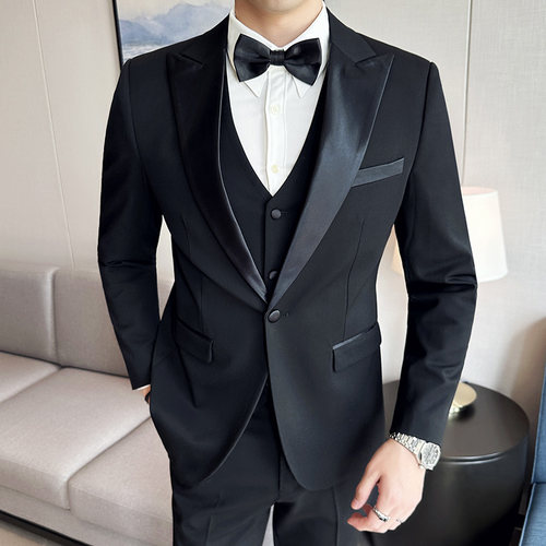 新郎塔士多西服男套装修身伴郎结婚正装礼服商务休闲戗驳领小西装 - 图2