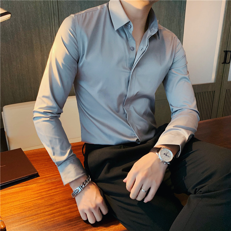 春夏男士正装冰丝暗扣衬衫韩版修身商务休闲免烫衬衣男长袖墨绿色 - 图1
