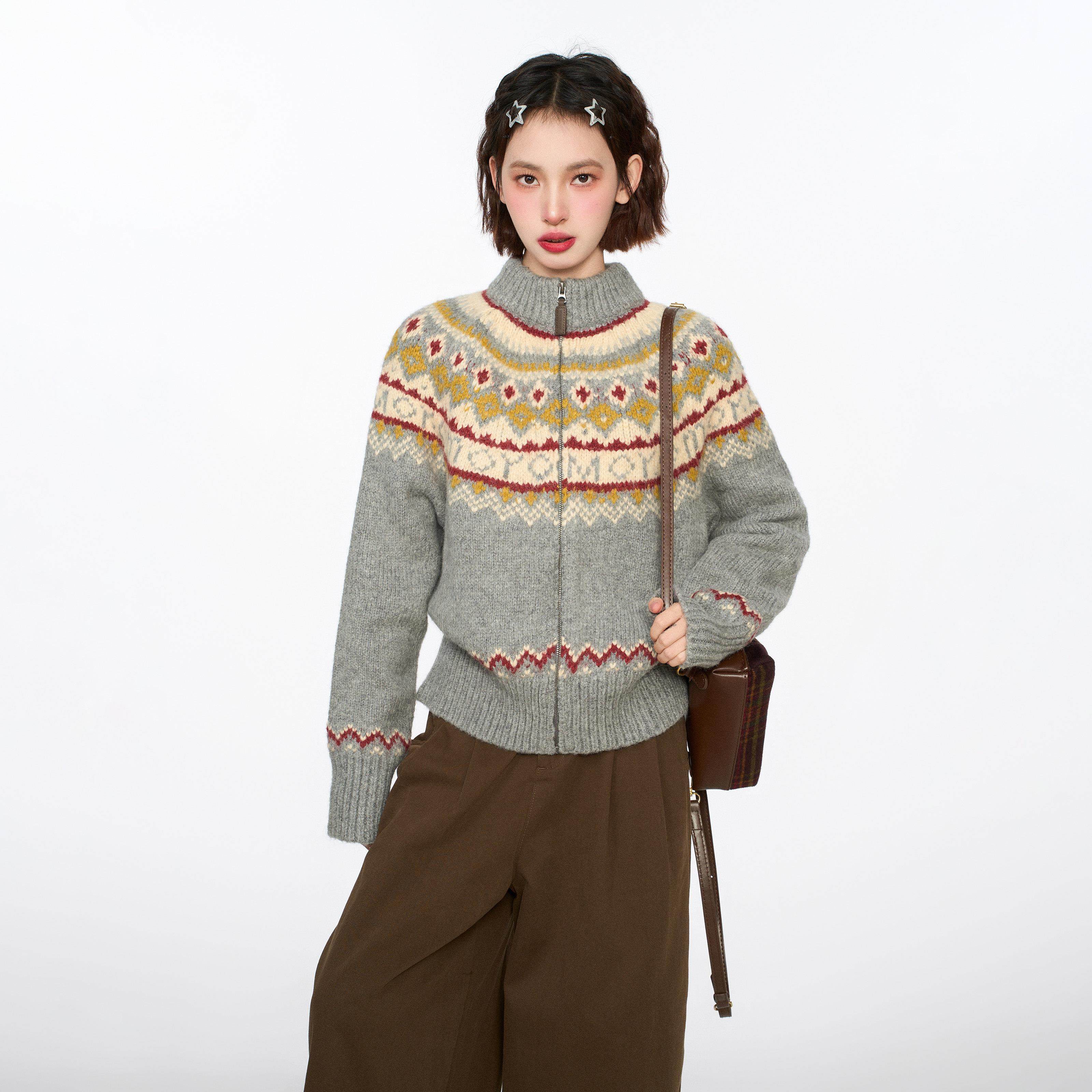 灰色费尔岛高领拉链毛衣开衫女秋冬季慵懒复古加厚针织衫外套冬季,淘宝优惠券,粉丝福利购,淘宝优惠卷