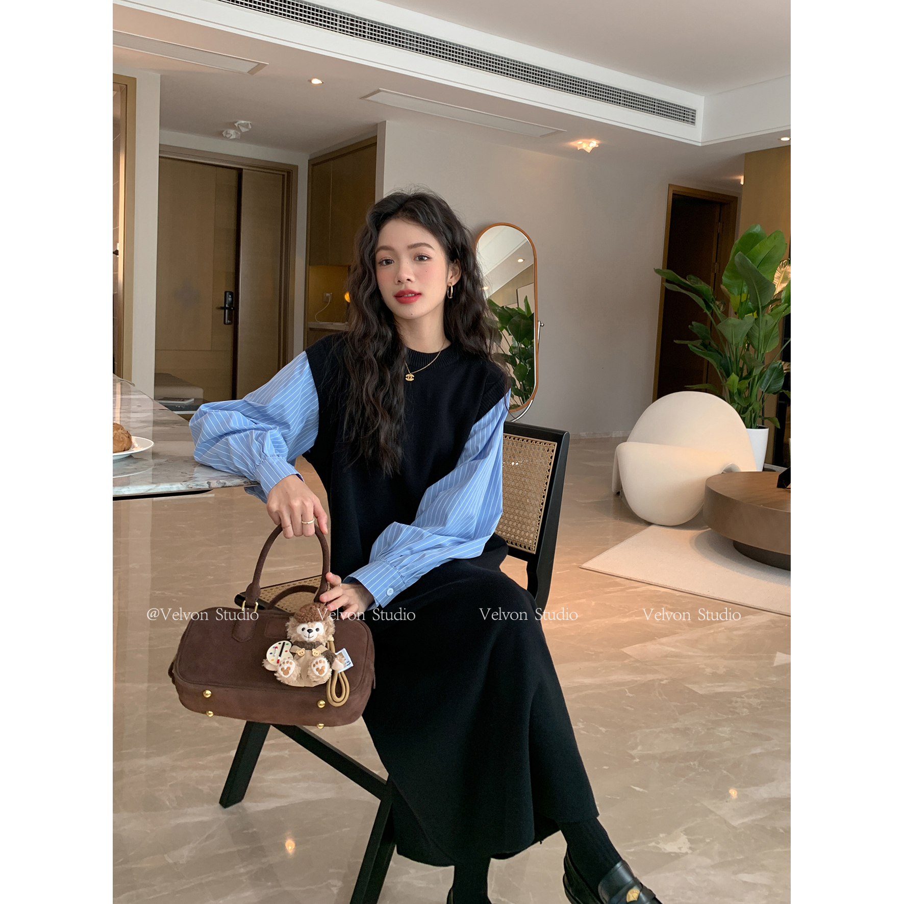 【陈格格】蓝色条纹假两件衬衫针织连衣裙宽松拼接气质小黑裙长裙 - 图2