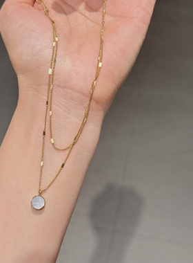 洗澡不掉色轻奢双层项链贝壳吊坠镀18K金叠戴锁骨链ins颈链钛钢