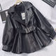 Lotus leaf lapel waist PU leather jacket for women Korean version 2025 autumn new style motorcycle leather lantern sleeve slim jacket