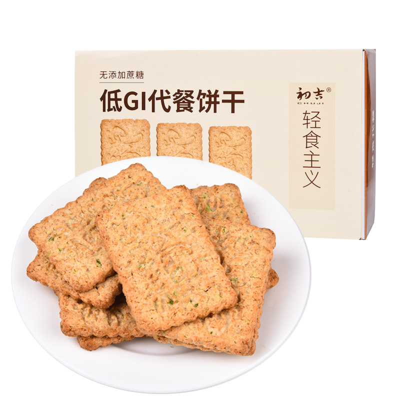 初吉食品旗舰店低GI饱腹代餐全麦饼干无糖精孕妇0零食卡脂肪热量魔芋压缩粗粮饼0