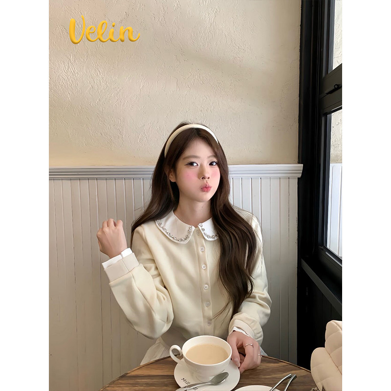 Velin 韩系甜美少女感奶白色开衫娃娃领钉钻设计减龄元气简约俏皮,淘宝优惠券,粉丝福利购,淘宝优惠卷